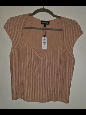Express Metallic Ribbed V-Neck Crop Top - Peachy Pink
